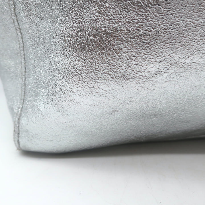 Vera Pelle Tie-Top Metallic Leather Tote Silver Large Shoulder Bag