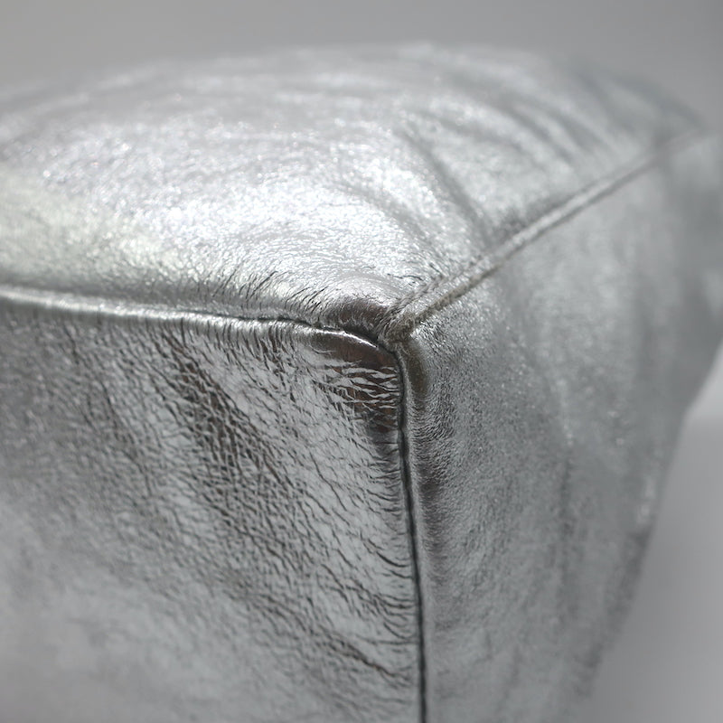 Vera Pelle Tie-Top Metallic Leather Tote Silver Large Shoulder Bag