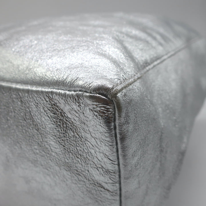 Vera Pelle Tie-Top Metallic Leather Tote Silver Large Shoulder Bag