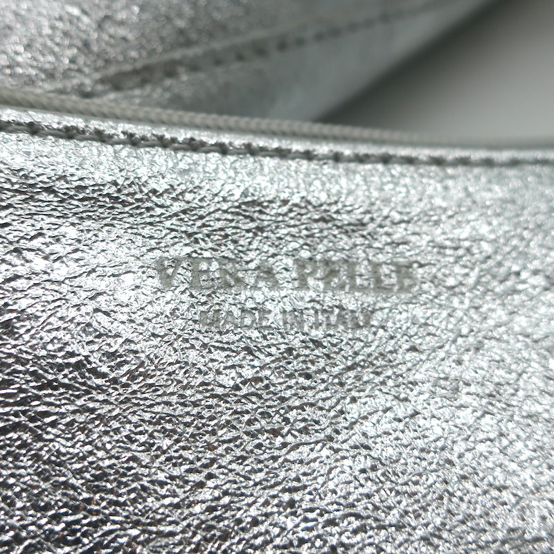 Vera Pelle Tie-Top Metallic Leather Tote Silver Large Shoulder Bag