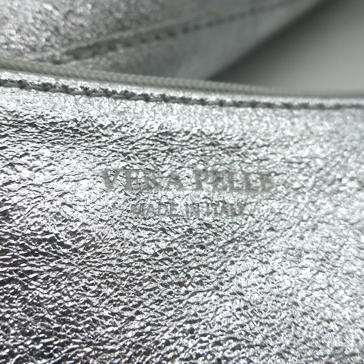 Vera Pelle Tie-Top Metallic Leather Tote Silver Large Shoulder Bag