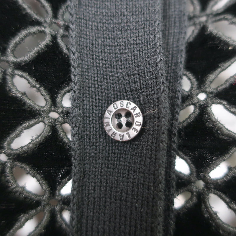 Oscar de la Renta Eyelet-Embroidered Cardigan Black Velvet &amp; Wool Size Small NEW