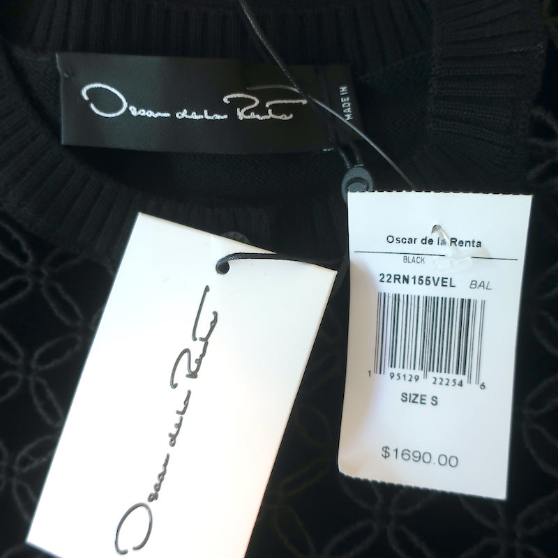 Oscar de la Renta Eyelet-Embroidered Cardigan Black Velvet &amp; Wool Size Small NEW
