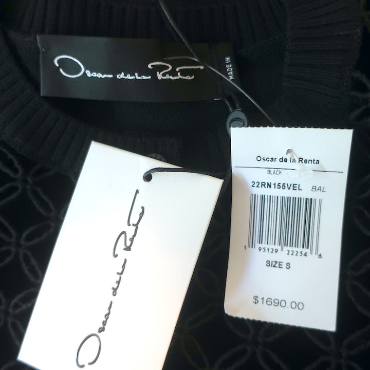 Oscar de la Renta Eyelet-Embroidered Cardigan Black Velvet &amp; Wool Size Small NEW
