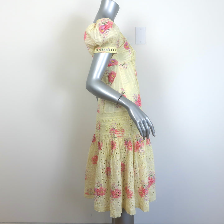 LoveShackFancy Reggie Midi Dress Yellow Floral Print Embroidered Cotton Size 0