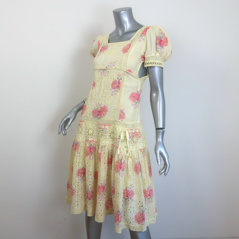 LoveShackFancy Reggie Midi Dress Yellow Floral Print Embroidered Cotton Size 0