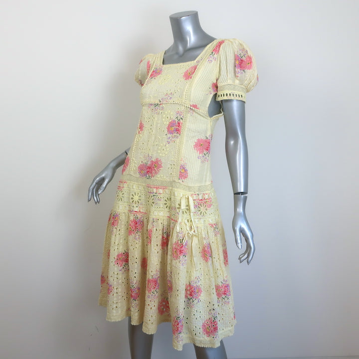 LoveShackFancy Reggie Midi Dress Yellow Floral Print Embroidered Cotton Size 0