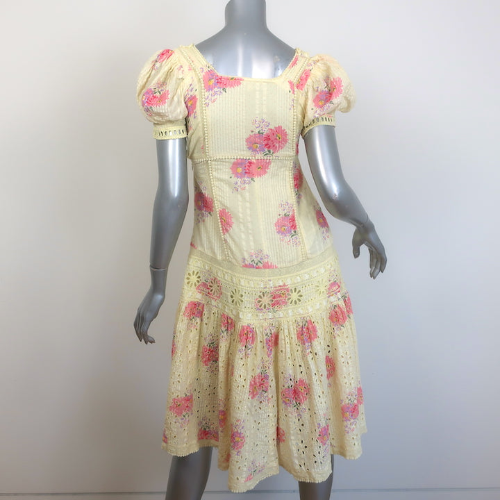 LoveShackFancy Reggie Midi Dress Yellow Floral Print Embroidered Cotton Size 0