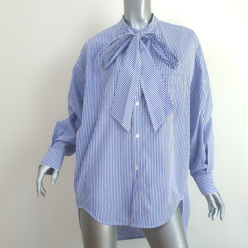 Balenciaga Logo Print Swing Shirt White &amp; Blue Striped Cotton Size 34