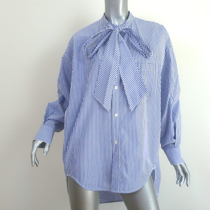 Balenciaga Logo Print Swing Shirt White &amp; Blue Striped Cotton Size 34