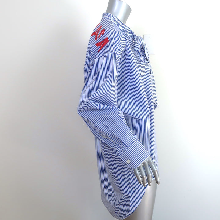 Balenciaga Logo Print Swing Shirt White &amp; Blue Striped Cotton Size 34