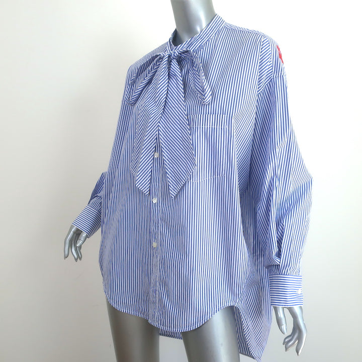 Balenciaga Logo Print Swing Shirt White &amp; Blue Striped Cotton Size 34