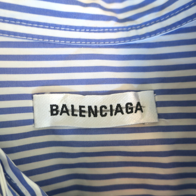Balenciaga Logo Print Swing Shirt White &amp; Blue Striped Cotton Size 34