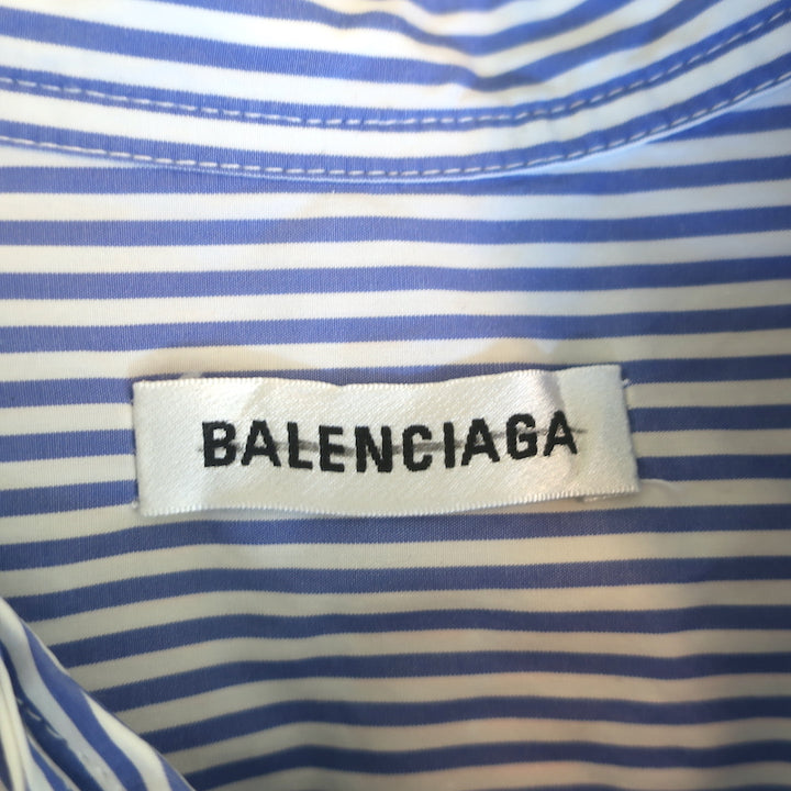 Balenciaga Logo Print Swing Shirt White &amp; Blue Striped Cotton Size 34