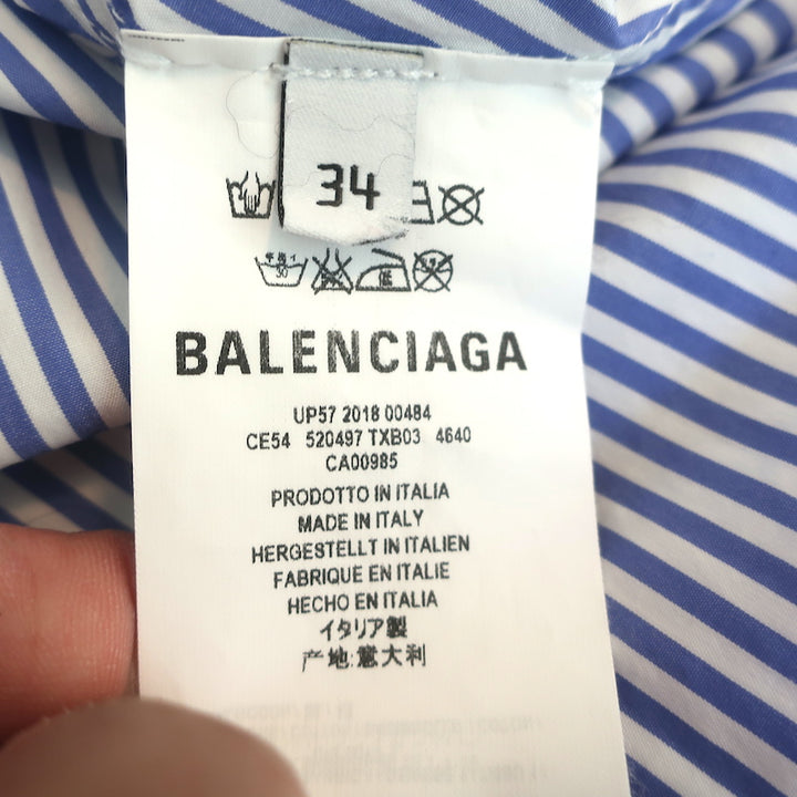 Balenciaga Logo Print Swing Shirt White &amp; Blue Striped Cotton Size 34