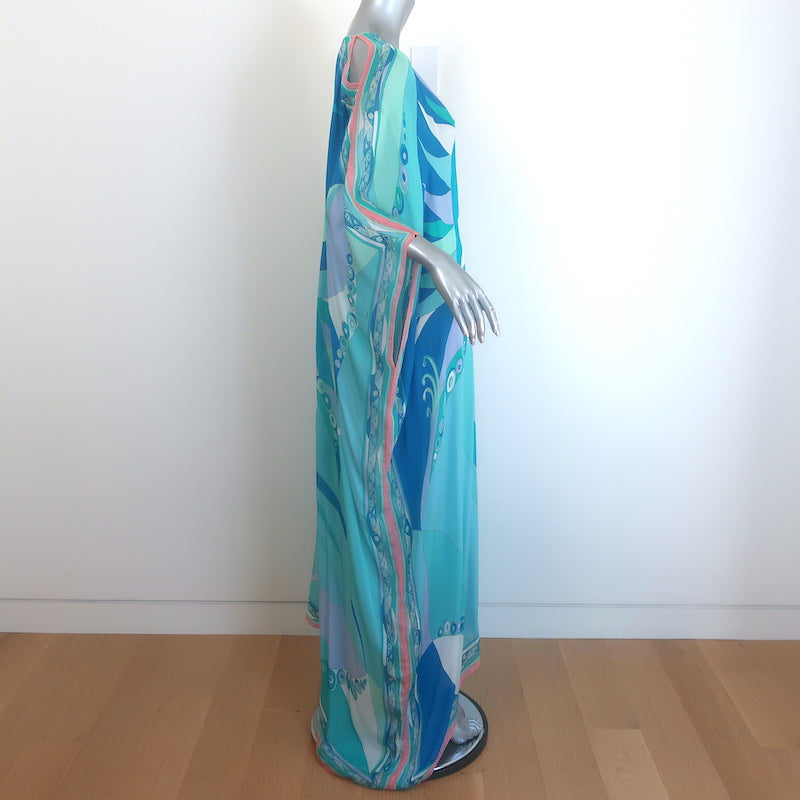 Emilio Pucci Cold-Shoulder Printed Silk Chiffon Kaftan Blue/Aqua One Size