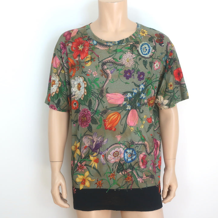 Gucci Flora Snake Print T-Shirt Military Green Linen Jersey Size Large NEW