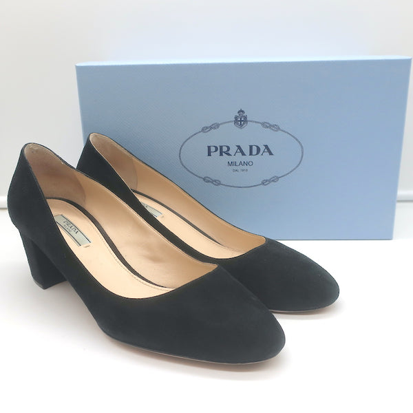 Prada Block Heel Pumps Black Suede Size 38.5 – Celebrity Owned