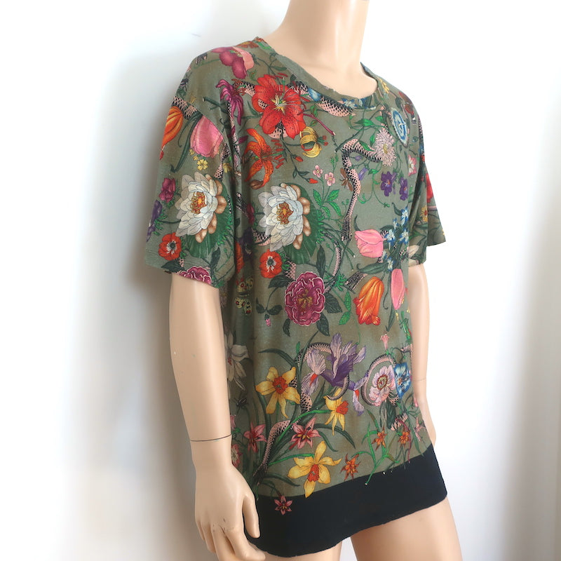 Gucci Flora Snake Print T-Shirt Military Green Linen Jersey Size Large NEW