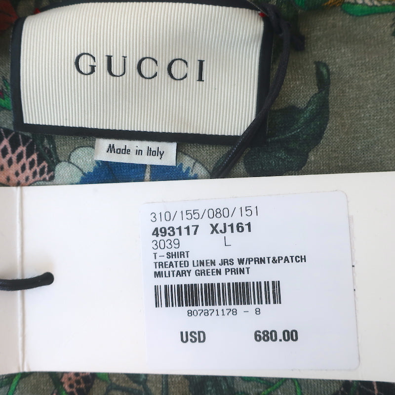 Gucci Flora Snake Print T-Shirt Military Green Linen Jersey Size Large NEW