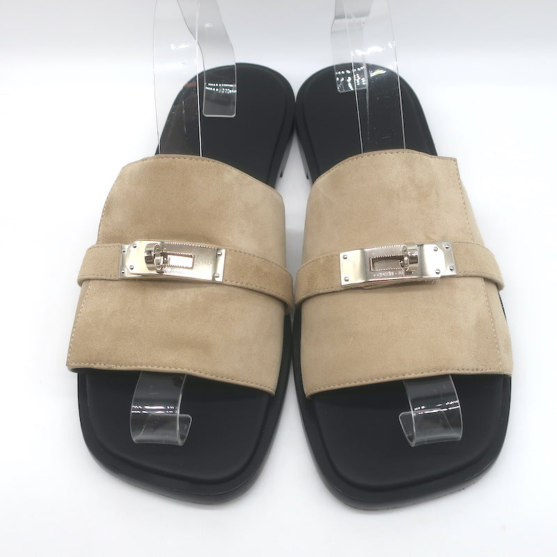 Hermes Gabriel Slide Sandals Beige Suede Size 43