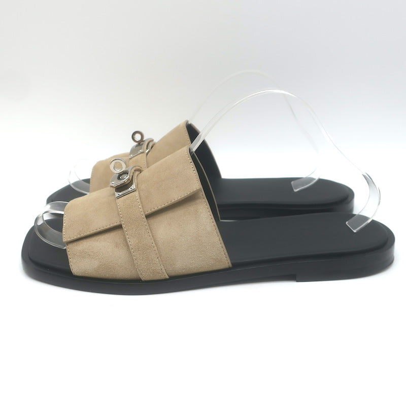 Hermes Gabriel Slide Sandals Beige Suede Size 43