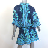 Juliet Dunn Blouson Tie-Waist Mini Dress Navy Floral Print Cotton Size 3
