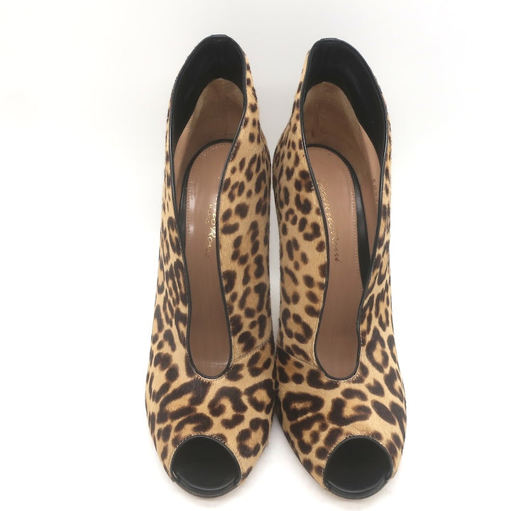 Gianvito Rossi Leopard Print Pony Hair Vamp Peep Toe Booties Brown Size 38
