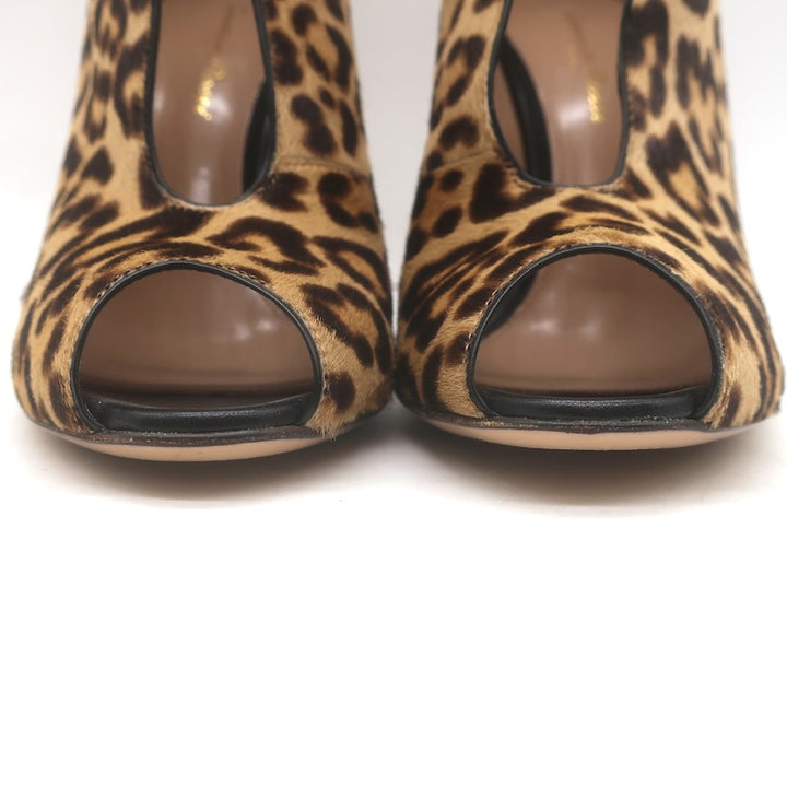 Gianvito Rossi Leopard Print Pony Hair Vamp Peep Toe Booties Brown Size 38