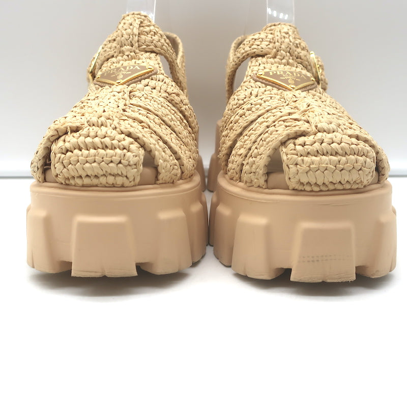 Prada Monolith Crochet Raffia Cage Sandals Natural Size 37