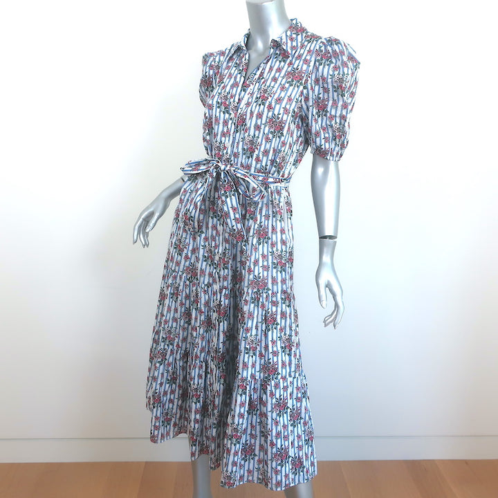 Veronica Beard Puff Sleeve Midi Shirtdress Eunice Floral &amp; Striped Cotton Size 4