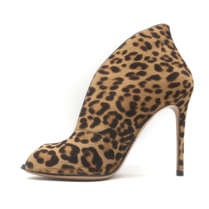 Gianvito Rossi Leopard Print Pony Hair Vamp Peep Toe Booties Brown Size 38
