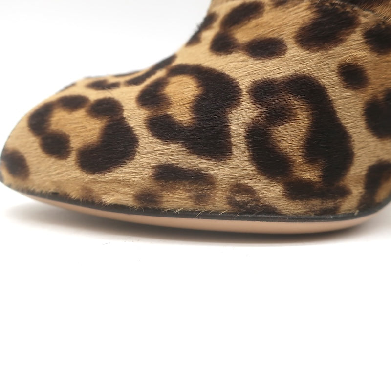 Gianvito Rossi Leopard Print Pony Hair Vamp Peep Toe Booties Brown Size 38