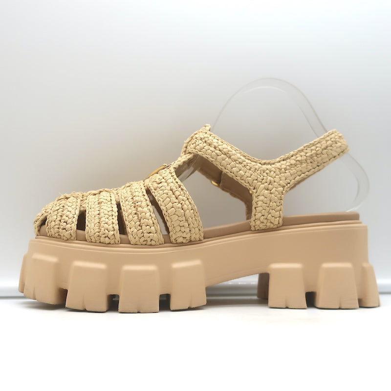 Prada Monolith Crochet Raffia Cage Sandals Natural Size 37