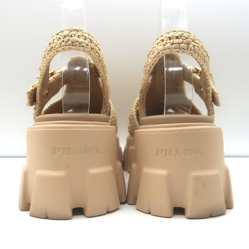 Prada Monolith Crochet Raffia Cage Sandals Natural Size 37