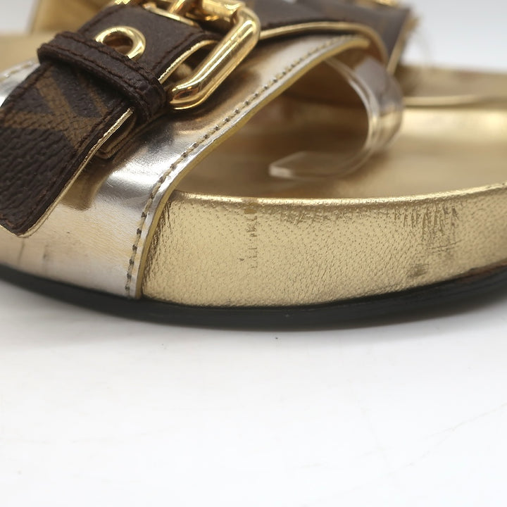 Louis Vuitton Bom Dia Slide Sandals Brown Monogram Canvas &amp; Gold Leather Size 38