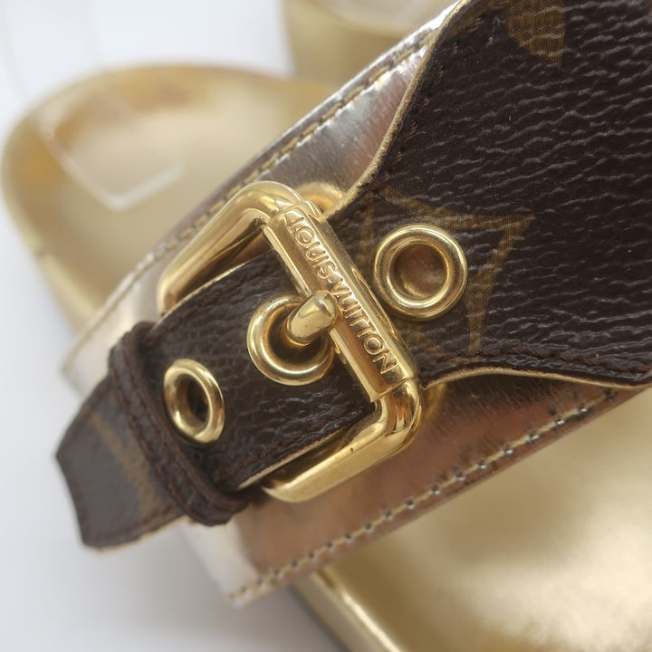 Louis Vuitton Bom Dia Slide Sandals Brown Monogram Canvas &amp; Gold Leather Size 38