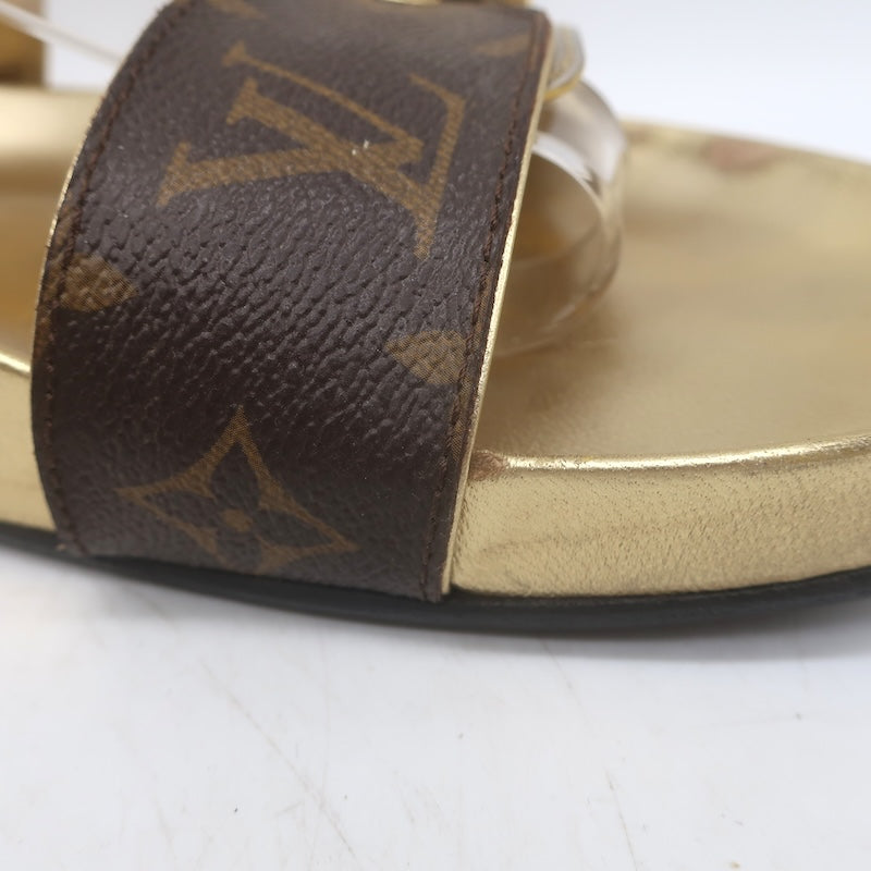 Louis Vuitton Bom Dia Slide Sandals Brown Monogram Canvas &amp; Gold Leather Size 38
