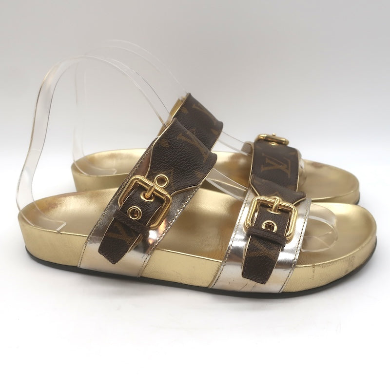 Louis Vuitton Bom Dia Slide Sandals Brown Monogram Canvas &amp; Gold Leather Size 38
