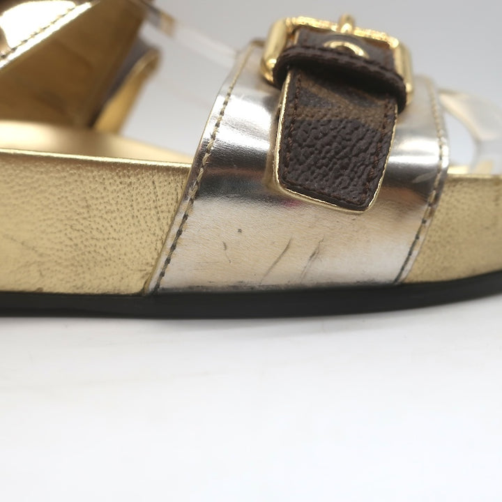 Louis Vuitton Bom Dia Slide Sandals Brown Monogram Canvas &amp; Gold Leather Size 38
