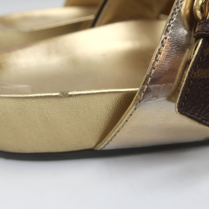 Louis Vuitton Bom Dia Slide Sandals Brown Monogram Canvas &amp; Gold Leather Size 38