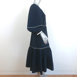 STAUD Puff Sleeve Midi Dress Demi Navy Stretch Cotton Size Small