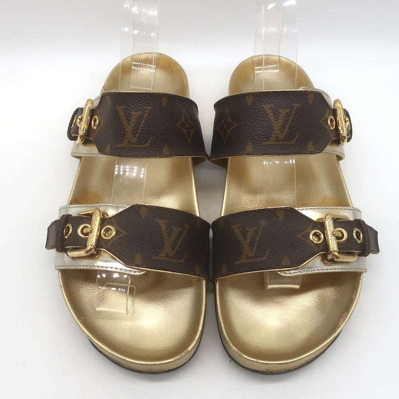 Louis Vuitton Bom Dia Slide Sandals Brown Monogram Canvas &amp; Gold Leather Size 38