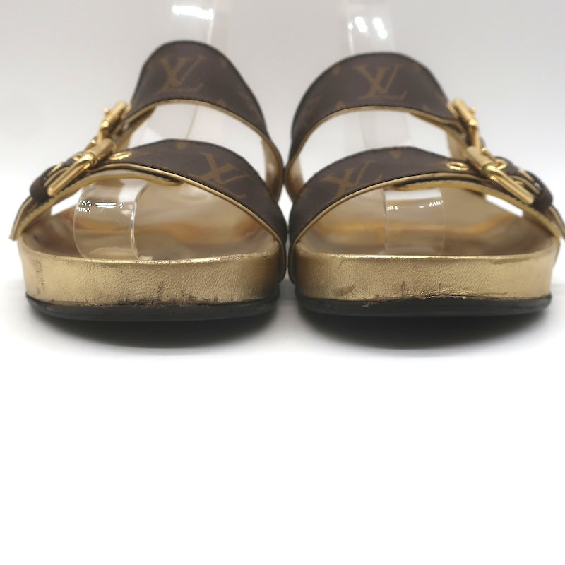 Louis Vuitton Bom Dia Slide Sandals Brown Monogram Canvas &amp; Gold Leather Size 38