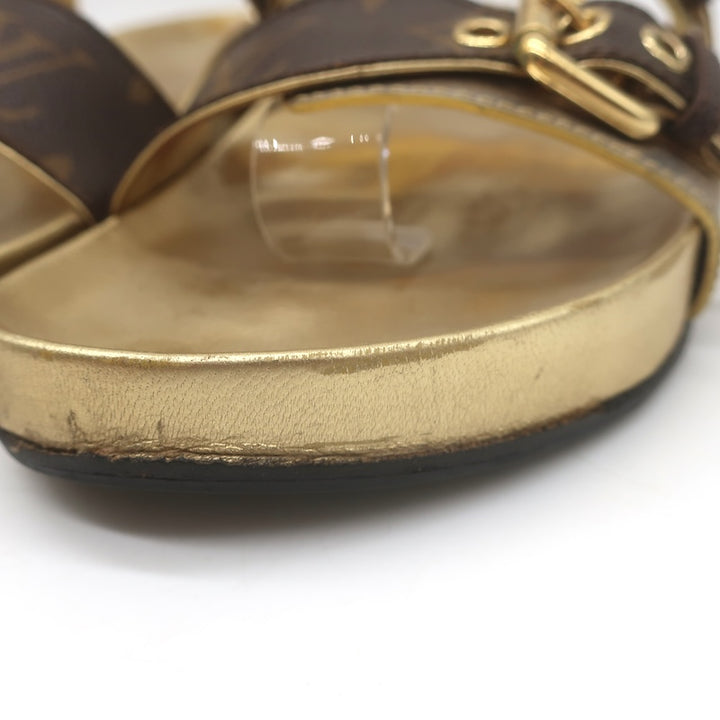 Louis Vuitton Bom Dia Slide Sandals Brown Monogram Canvas &amp; Gold Leather Size 38
