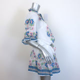 Juliet Dunn Blouson Tie-Waist Mini Dress White Rose Border Print Cotton Size 2