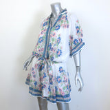 Juliet Dunn Blouson Tie-Waist Mini Dress White Rose Border Print Cotton Size 2