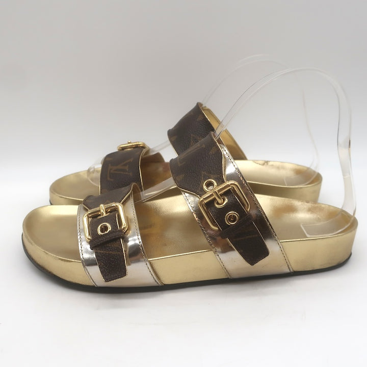 Louis Vuitton Bom Dia Slide Sandals Brown Monogram Canvas &amp; Gold Leather Size 38