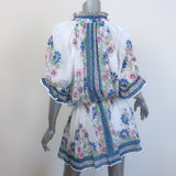 Juliet Dunn Blouson Tie-Waist Mini Dress White Rose Border Print Cotton Size 2