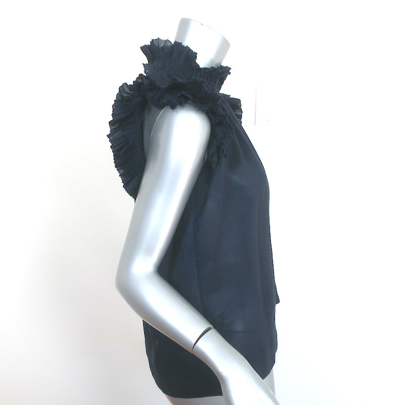 SEA Flutter Sleeve Top Navy Ramie Size 6 High Neck Blouse